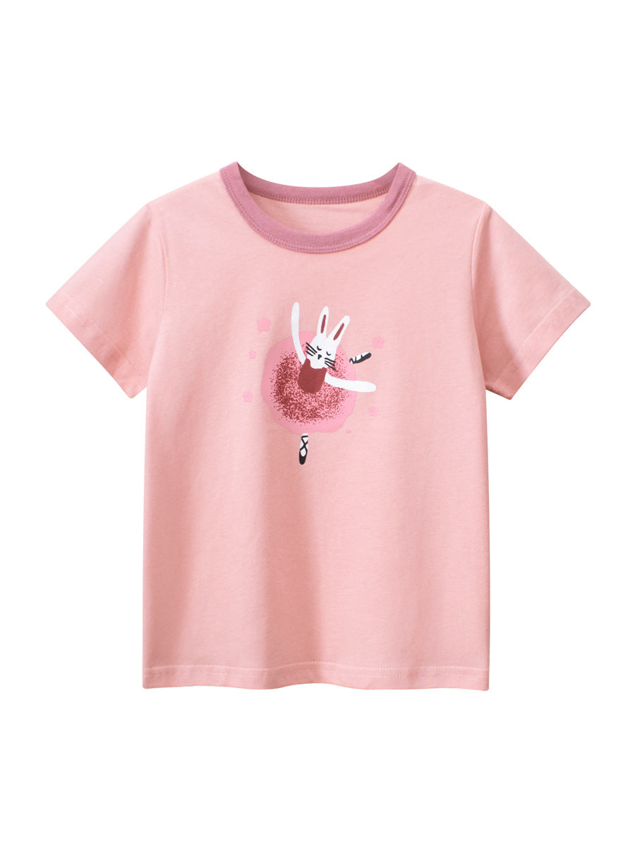 T-shirt a maniche corte con colletto tondo rosa Cartoon Rabbit