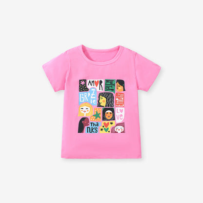 Short-sleeved girls' T-shirt in cotton printed with cartoons