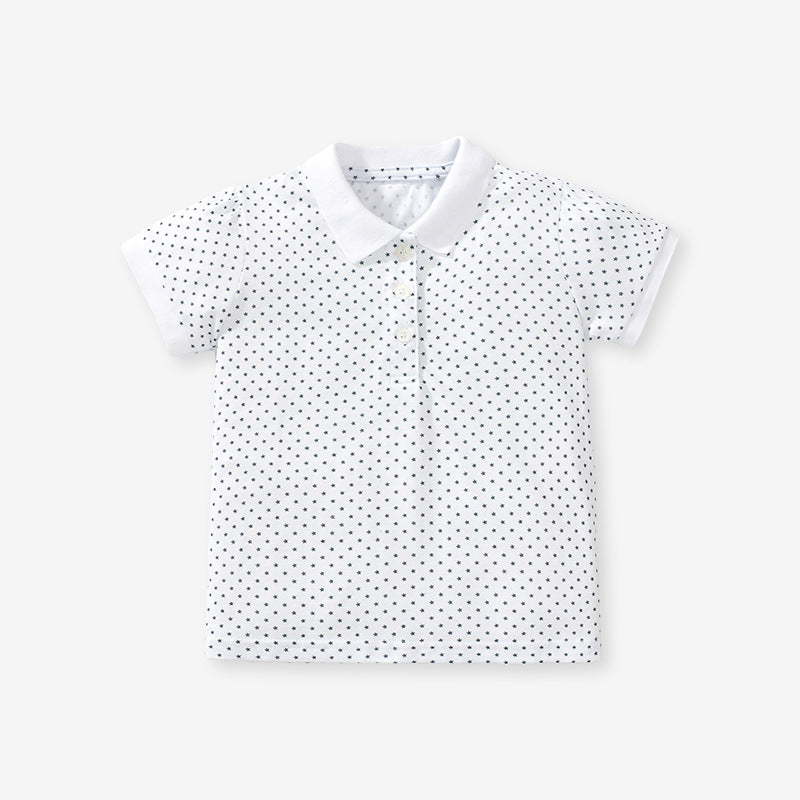 Short-sleeved cotton polo shirt for girls with strawberry-colored polka dots