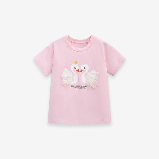 T-shirt a maniche corte per bambini con collo rotondo stampato simpatico cigno rosa