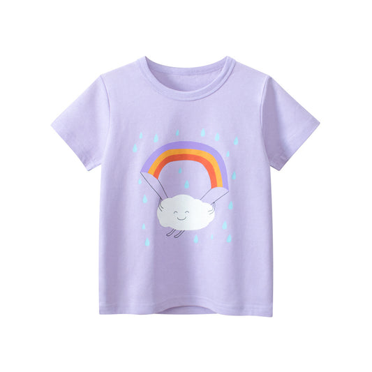 Cartoon Cloud Rainbow Round Neck Short Sleeve T-shirt