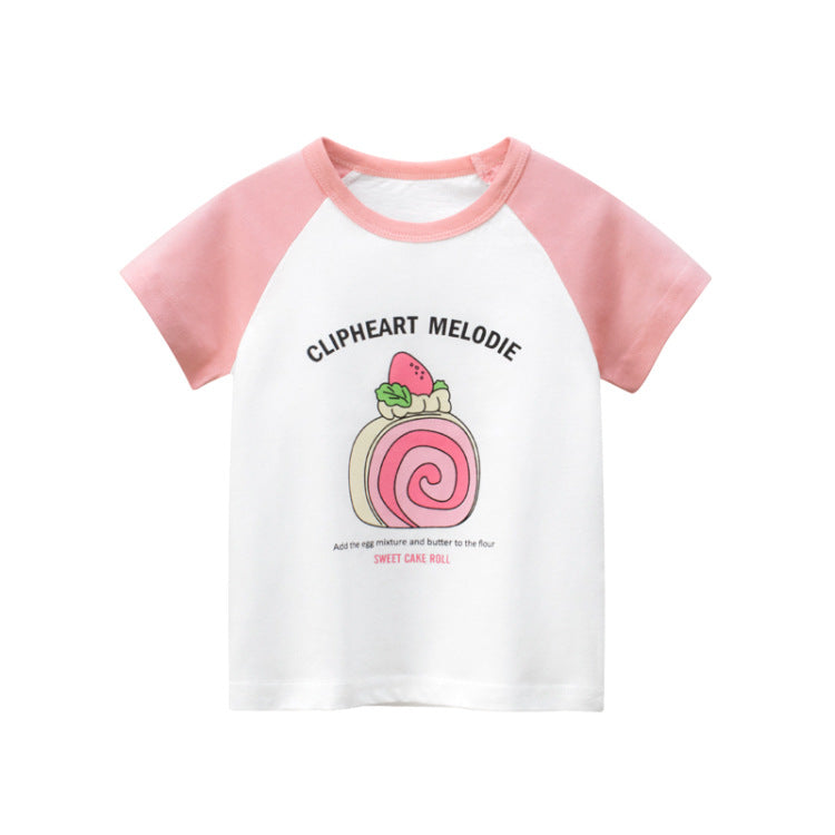 Round neck matching short sleeve T-shirt with cake flowers