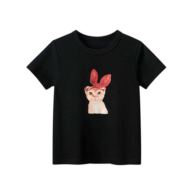 Crew-neck short-sleeved T-shirt with black kitten