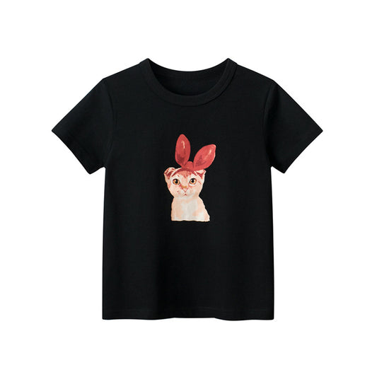 T-shirt a maniche corte girocollo con gattino nero