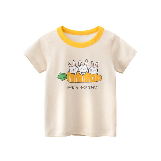 Cartoon Rabbit Carrot Round Neck Short Sleeve T-shirt