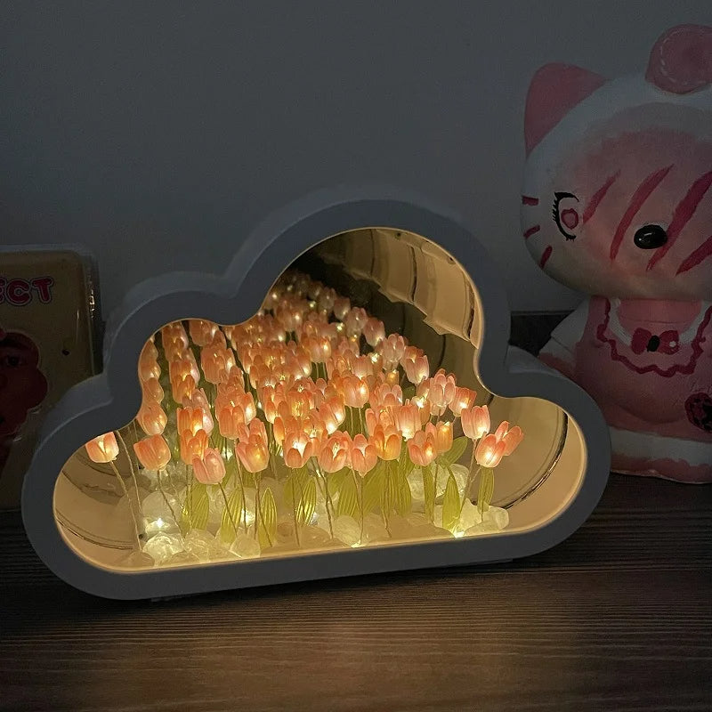 Mirror night light with 20 tulips cloud sea of flowers