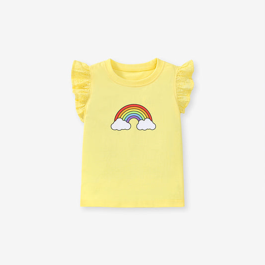 T-shirt da ragazza a maniche corte arcobaleno con maniche volanti