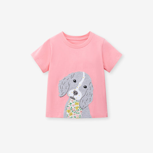 Girls Cartoon Puppy Cotton Round Neck Short Sleeve T-shirt