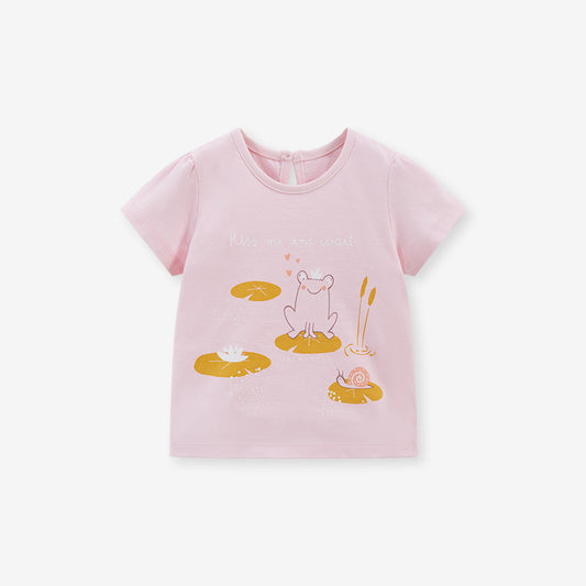 Short-sleeved children's T-shirt with cartoon frog print