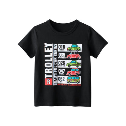 Black crew-neck short-sleeved T-shirt with car print