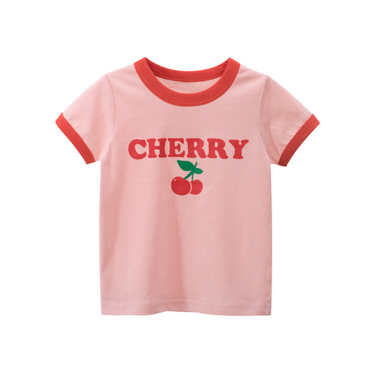 T-shirt a maniche corte in cotone con stampa rosa fragola