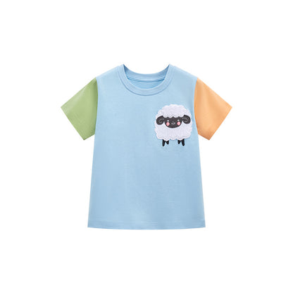 Short-sleeved T-shirt with color block round neck and cartoon sheep