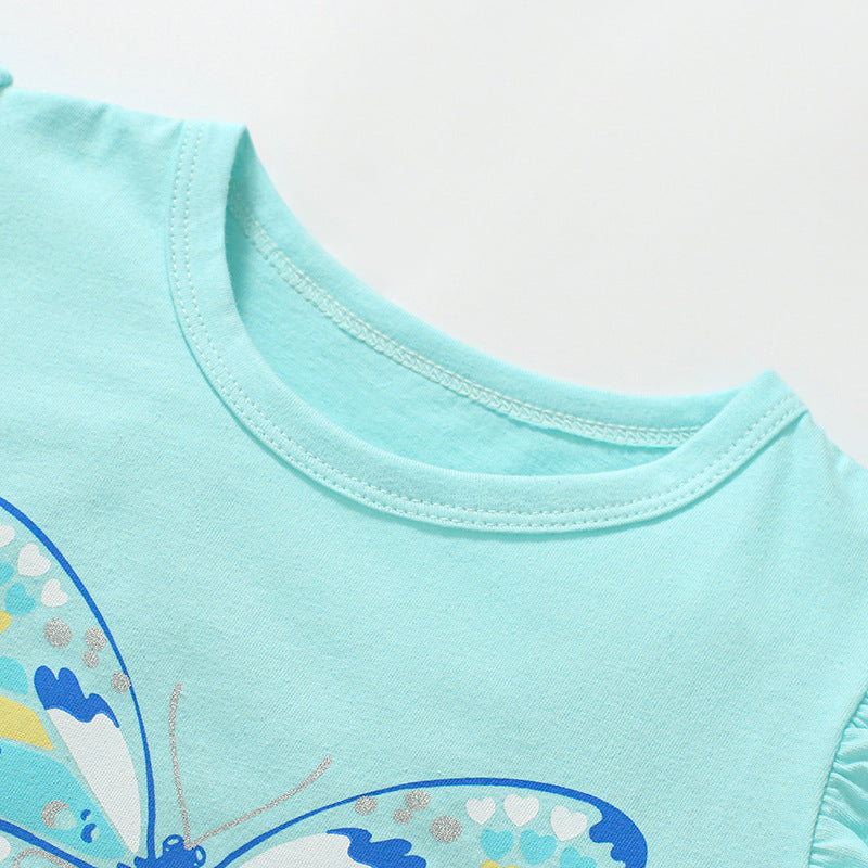 Short-sleeved cotton t-shirt for girls with cartoon butterfly