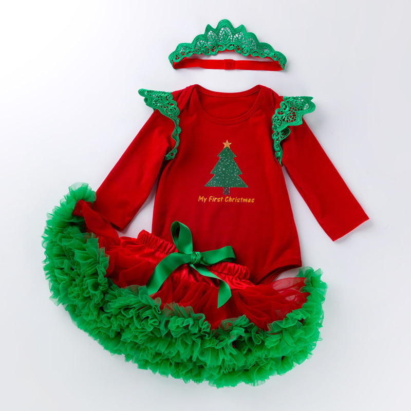 Red Long Sleeve Tutu Dress with Christmas Tree Wreath for 20-28 inch dolls