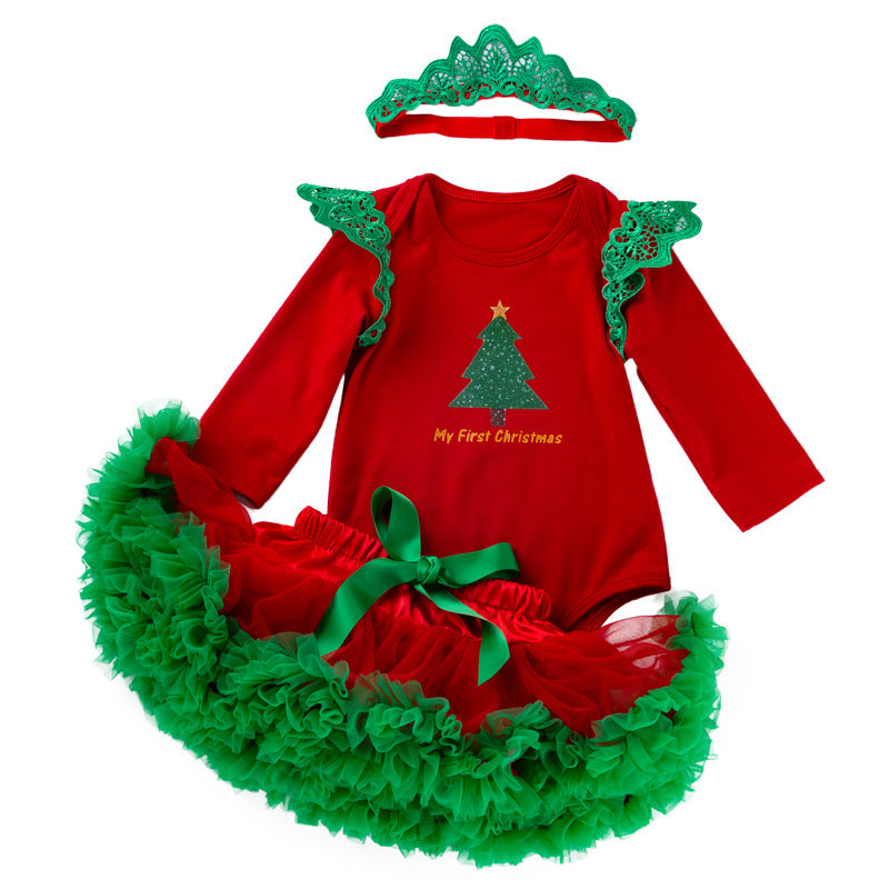 Red Long Sleeve Tutu Dress with Christmas Tree Wreath for 20-28 inch dolls