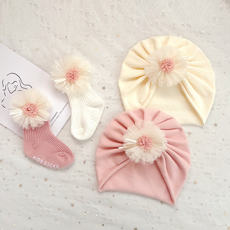 Beautiful 2 piece baby hat and socks set with lace flowers