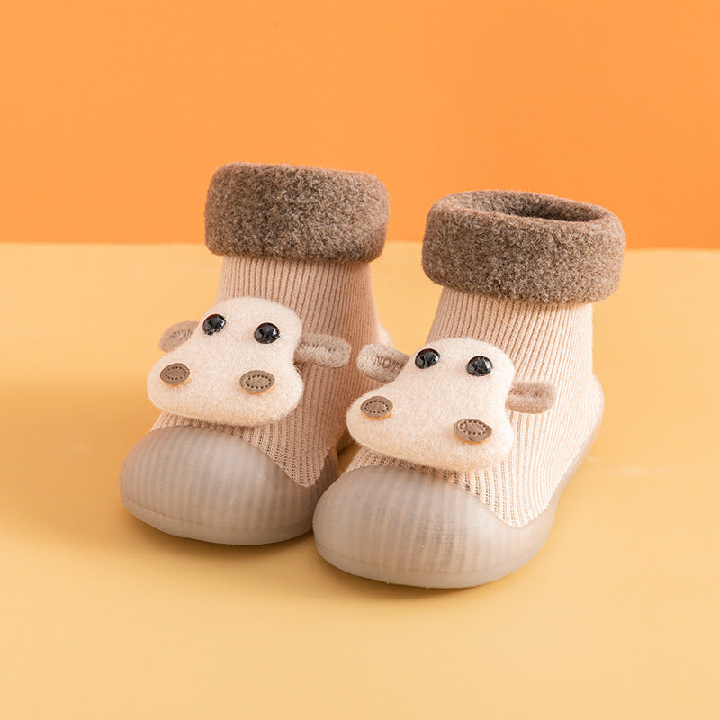 Warm cartoon cattle soft sole baby shoes