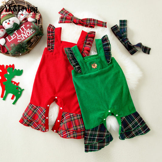 Christmas jumpsuit with ruffled flying sleeves for 27-28 inch dolls