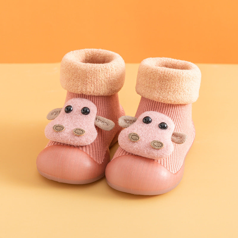 Warm cartoon cattle soft sole baby shoes