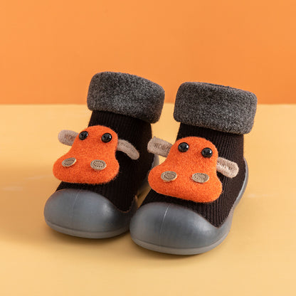 Warm cartoon cattle soft sole baby shoes