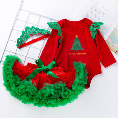 Red Long Sleeve Tutu Dress with Christmas Tree Wreath for 20-28 inch dolls