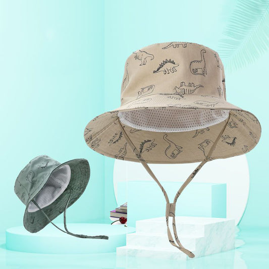 Children's wide brim sun hat with cartoon dinosaur print