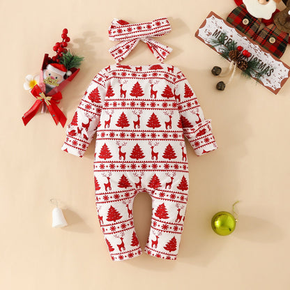 Christmas Deer and Pine Tree Print Long Sleeve Onesie for 20-28 inch Dolls