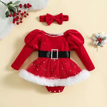 Frayed Mesh Christmas Rompers with Puff Sleeves for 26-28 inch Dolls