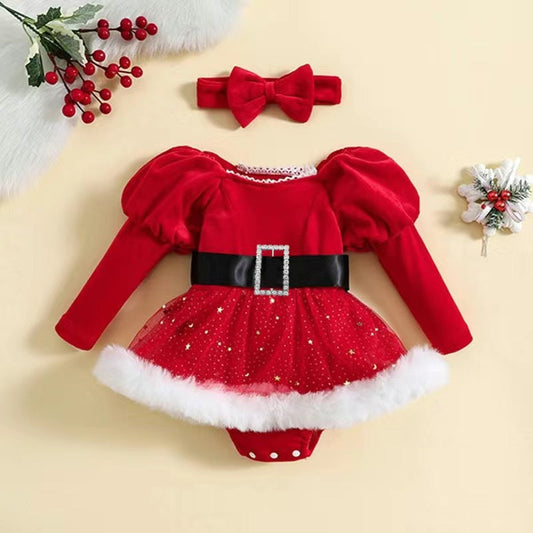 Frayed Mesh Christmas Rompers with Puff Sleeves for 26-28 inch Dolls