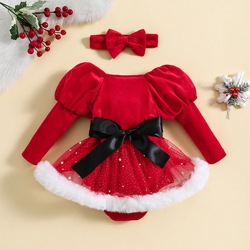 Frayed Mesh Christmas Rompers with Puff Sleeves for 26-28 inch Dolls