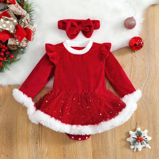 Long Sleeve Velvet Christmas Onesie for 26-28 inch Dolls