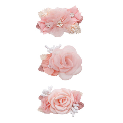 Cute three-piece set of pink artificial flower hair clips