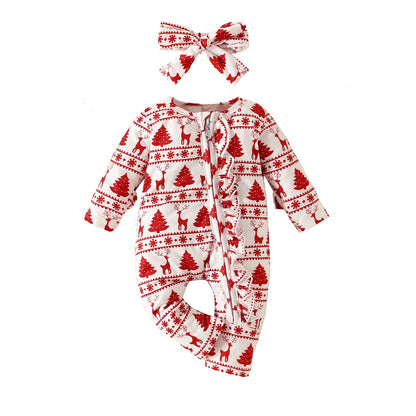 Christmas Deer and Pine Tree Print Long Sleeve Onesie for 20-28 inch Dolls