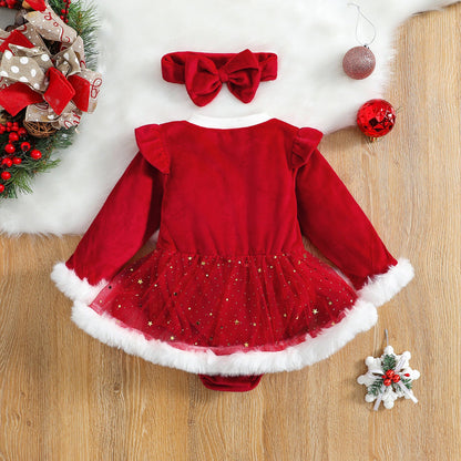 Long Sleeve Velvet Christmas Onesie for 26-28 inch Dolls