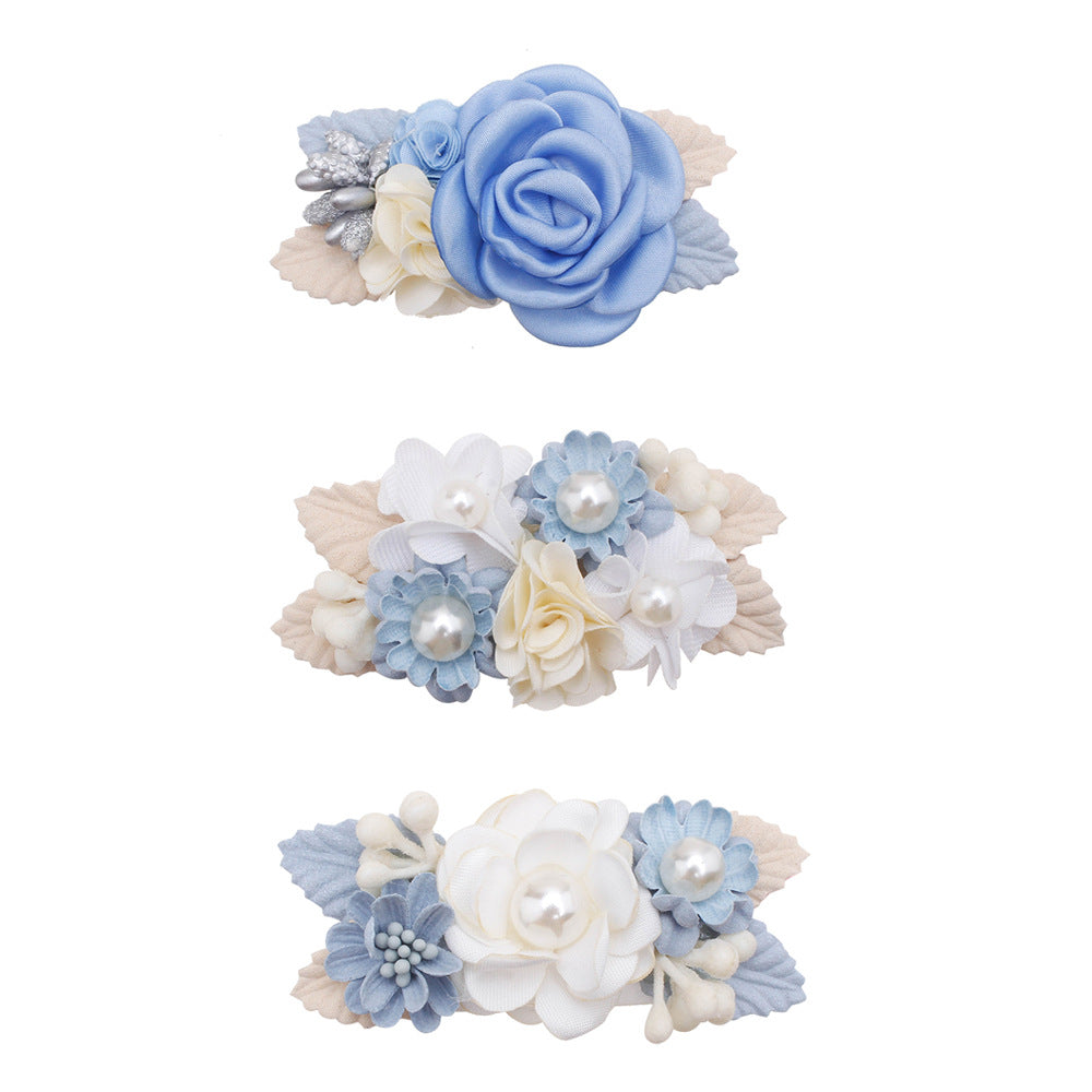 Cute three-piece set of pink artificial flower hair clips