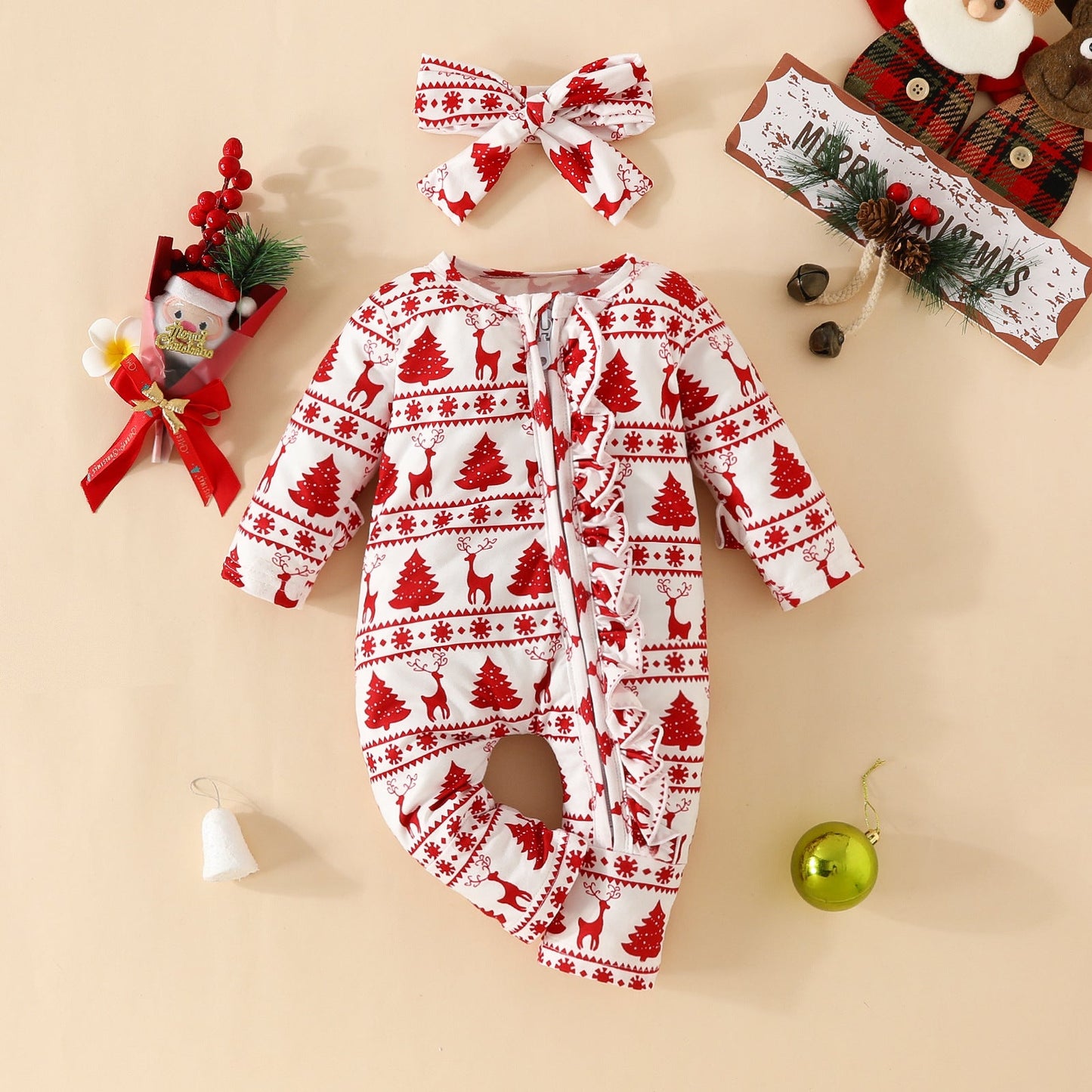 Christmas Deer and Pine Tree Print Long Sleeve Onesie for 20-28 inch Dolls