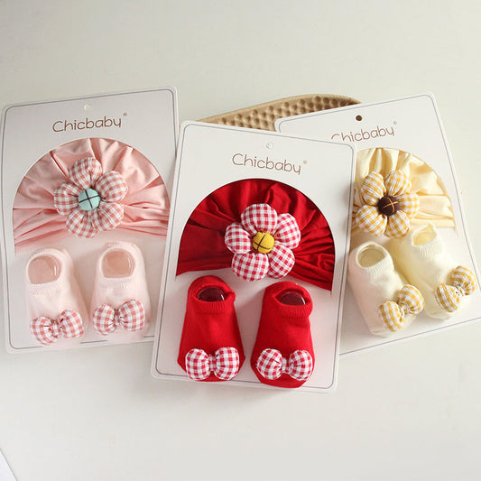 2-piece set of children's hat and socks with flowers and bows