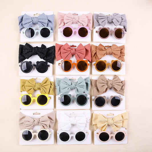 Striped Knitted Bow Band Sunglasses Two Piece Set