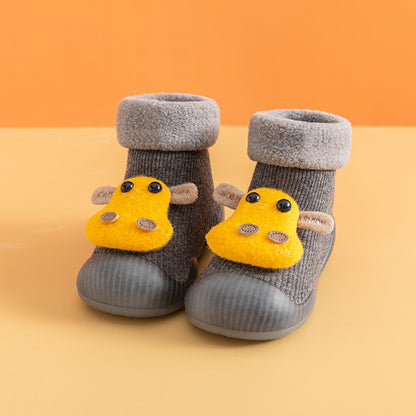 Warm cartoon cattle soft sole baby shoes